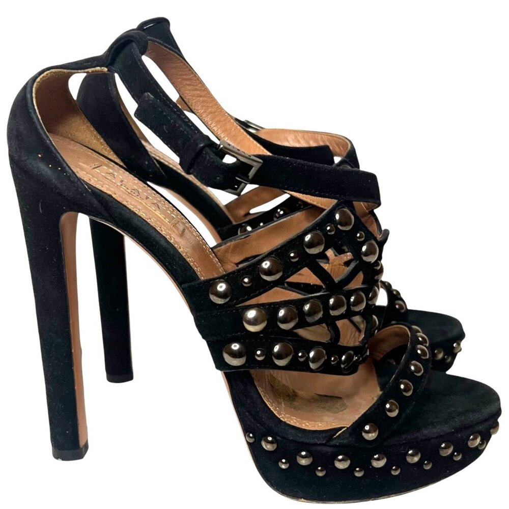 ALAIA Studded Stiletto 5" High Heel Sandals 36 6 Platform Strappy Suede Designer